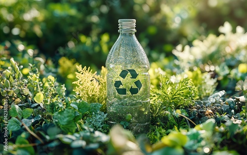 A bottle with a recycle symbol surrounded by flourishing greenery and fresh plants, reflecting a strong commitment to sustainability and a green, ecoconscious environment photo