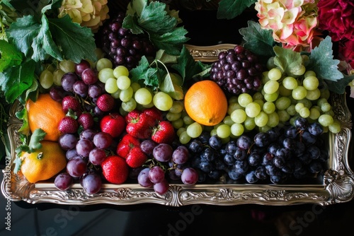 A silver platter of assorted fresh fruits and flowers photo