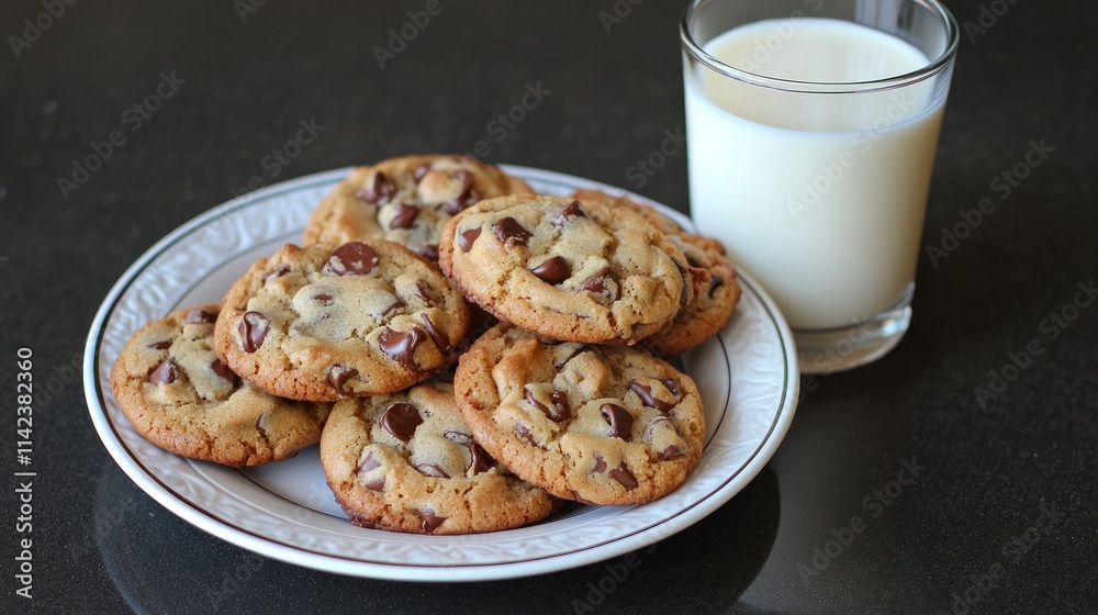 3. A plate of freshly baked chocolate chip cookies, stacked neatly with a glass of milk beside it 3. A plate of freshly baked chocolate chip cookies, stacked neatly with a glass of milk beside it
