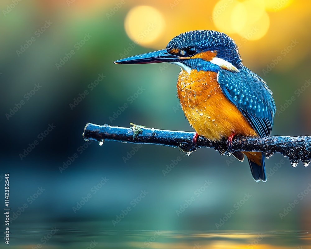 Naklejka premium A colorful kingfisher resting on a branch above crystalclear water, surrounded by natural beauty, capturing the essence of wildlife in a peaceful setting