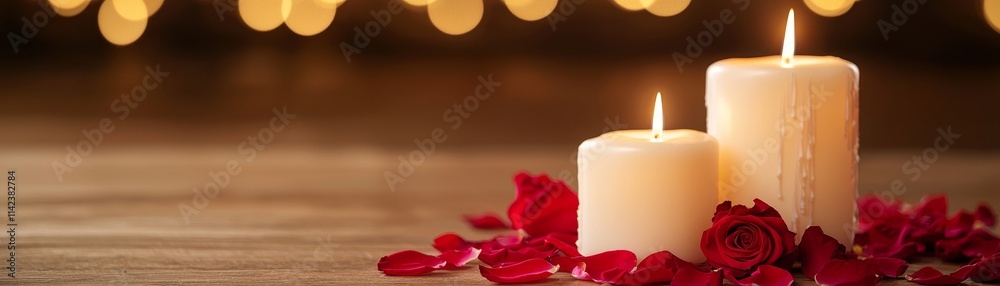 Valentine candlelit atmosphere. Soft candles surrounded by rose petals and warm lights. Valentine candlelit atmosphere. Soft candles surrounded by rose petals and warm lights.