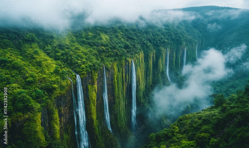 Lush green landscape in Cherrapunji, India with cascading waterfalls and misty clouds , India, Cherrapunjee, Northeast India Lush green landscape in Cherrapunji, India with cascading waterfalls and misty clouds , India, Cherrapunjee, Northeast India