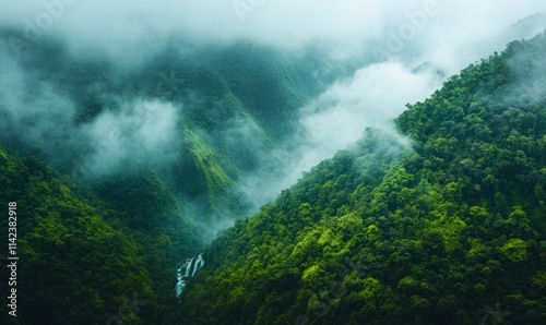 Lush green landscape in Cherrapunji, India with cascading waterfalls and misty clouds , India, Cherrapunjee, Northeast India