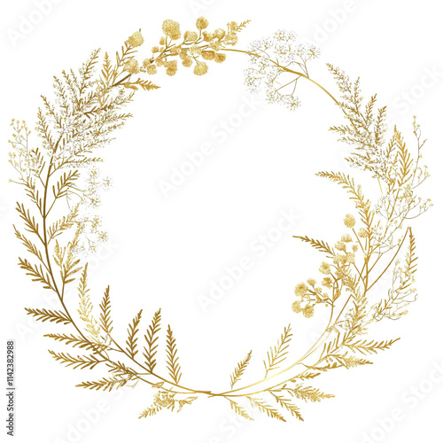 Elegant golden floral wreath design featuring delicate leaves and blossoms, perfect for invitations or decorative purposes
