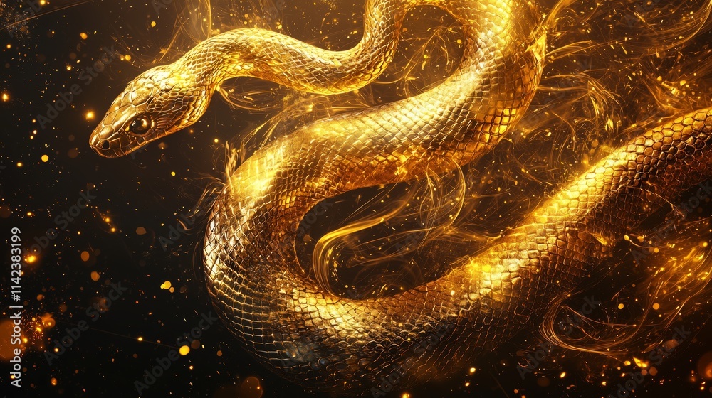 Vibrant Artistic New Year Wallpaper Featuring a Captivating Golden Snake Amidst a Shimmering Background of Sparkling Lights and Energetic Colors for Festive Celebrations
