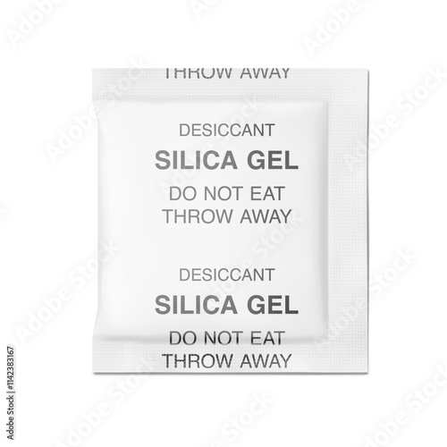 Desiccant silica gel sachet mockup. Flat lay view. Vector illustration isolated on white background. Can be use for template your design, presentation, promo, ad. EPS10.	