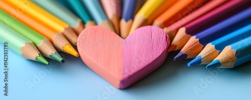 A heartshaped arrangement of colorful pencils on a soft pastel background, with vivid colors popping out, symbolizing love and creativity photo