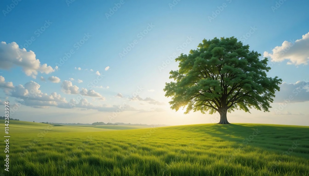 Serene Green Meadow Lone Tree Sunset Landscape Serene Green Meadow Lone Tree Sunset Landscape
