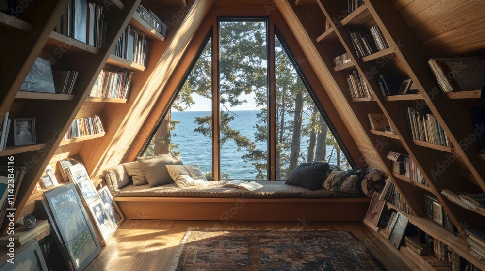 Obraz premium Cozy A-frame cabin reading nook with ocean view. (1)