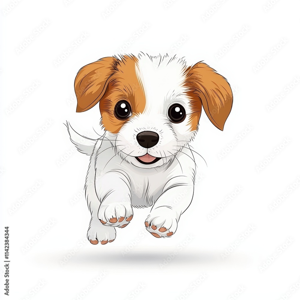 Playful Cartoon Dog with Brown and White Fur Jumping Happily Against a White Background Playful Cartoon Dog with Brown and White Fur Jumping Happily Against a White Background