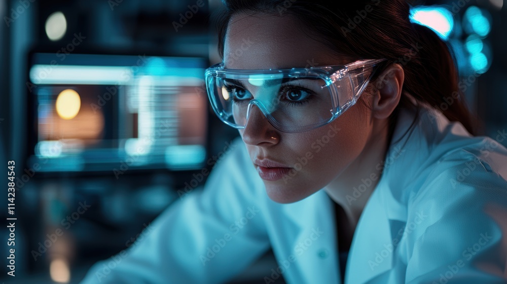 Focused Female Scientist in Laboratory with Protective Eyewear Focused Female Scientist in Laboratory with Protective Eyewear