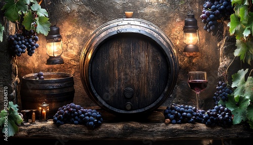 A rustic oak wine barrel in a dim room, surrounded by dark grapes and a glass of red wine, casting a warm glow in the shadows of the wine cellar photo