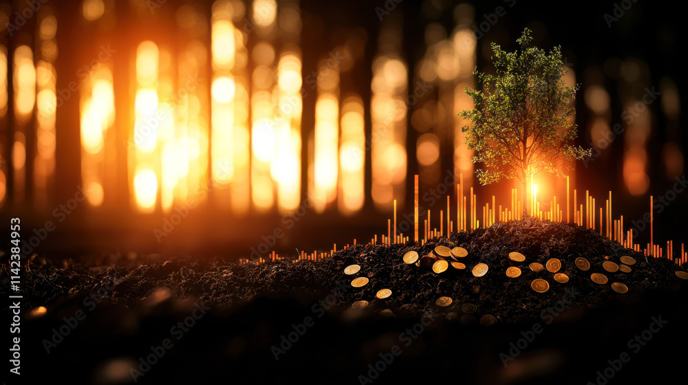 Fototapeta premium Tree growing from soil with coins and graph, symbolizing growth and prosperity