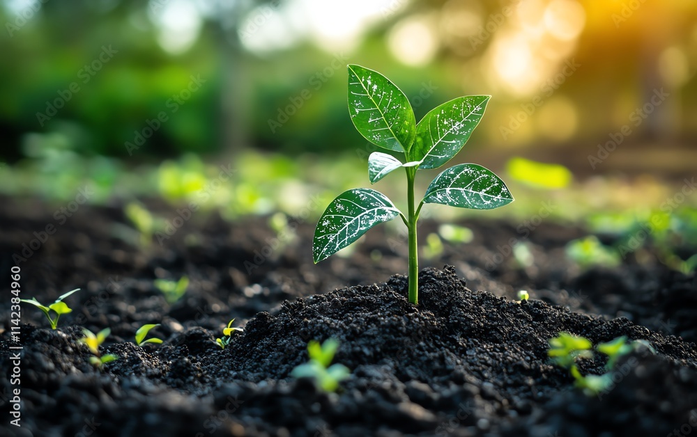 Fototapeta premium A small plant growing on Earth s surface, with green energy symbols like solar panels and wind turbines, contrasting with fuel symbols to signify the need for change
