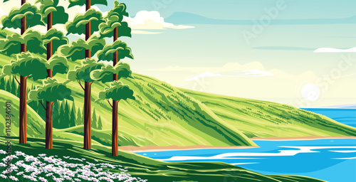 Vector A serene beach scene with lush green trees and calm sea.