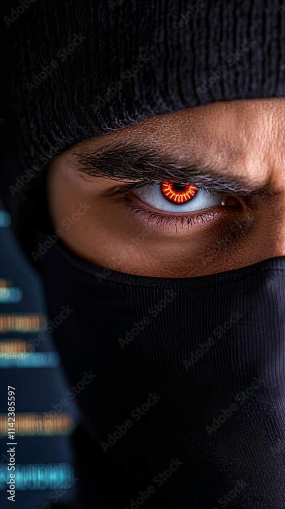 Close-up of a man's intense gaze, his eye glowing with a fiery orange effect. He's wearing a dark beanie and a balaclava, creating a mysterious and edgy mood. Close-up of a man's intense gaze, his eye glowing with a fiery orange effect. He's wearing a dark beanie and a balaclava, creating a mysterious and edgy mood.