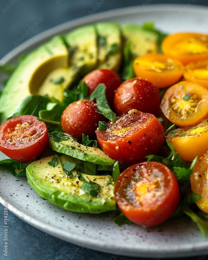 A vibrant salad featuring fresh avocado, cherry tomatoes, and herbs on a stylish plate, perfect for healthy meals. A vibrant salad featuring fresh avocado, cherry tomatoes, and herbs on a stylish plate, perfect for healthy meals.