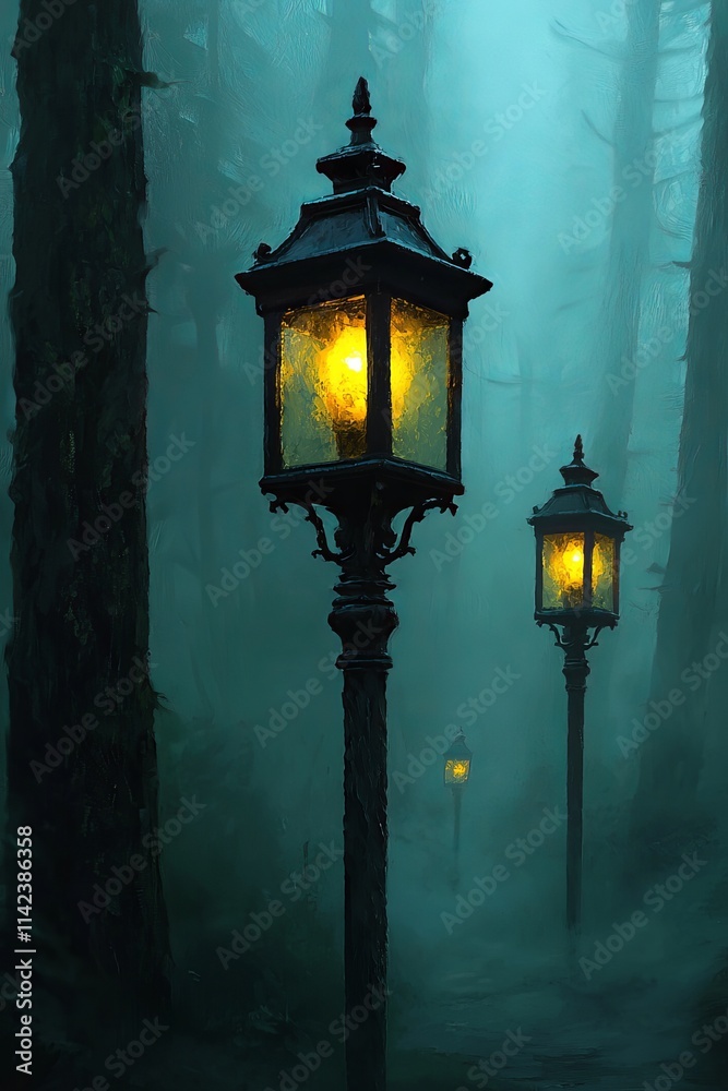 Yellow-red cast iron street lanterns glowing in mist, eerie and magical atmosphere Yellow-red cast iron street lanterns glowing in mist, eerie and magical atmosphere