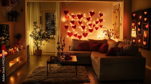 A beautifully decorated home for Valentine's Day, featuring heart-shaped decorations and warm lighting