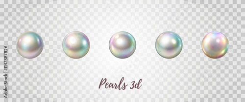 Set of 3d vector mesh pearl beads isolated on transparent background. Different shades pearls, holographic white pearl. Glossy metallic jewelry balls