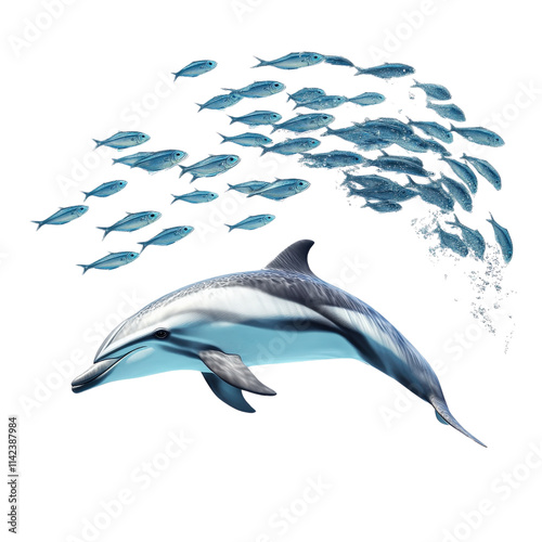 Dolphin swimming with school of fish in vibrant underwater scene. dolphin sleek body glistens in water, showcasing its grace and agility photo