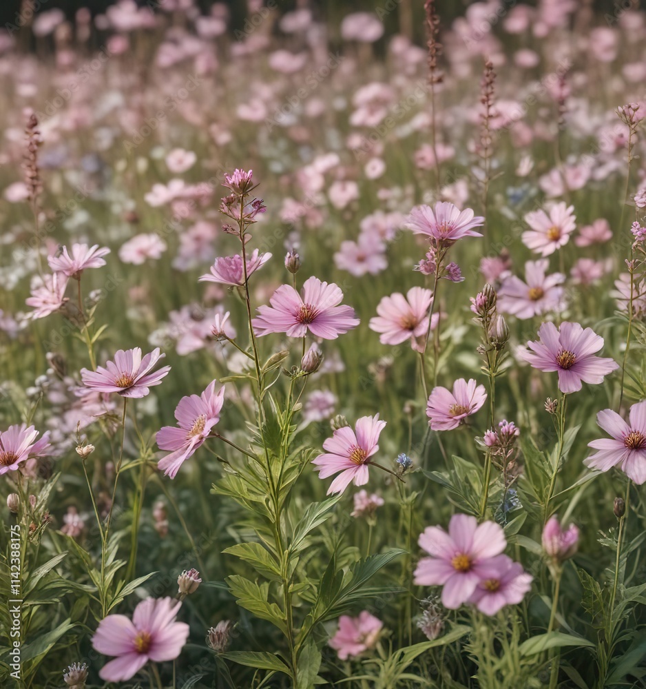 A field of soft pink wildflowers swaying gently in the breeze, soft focus, floral arrangement A field of soft pink wildflowers swaying gently in the breeze, soft focus, floral arrangement