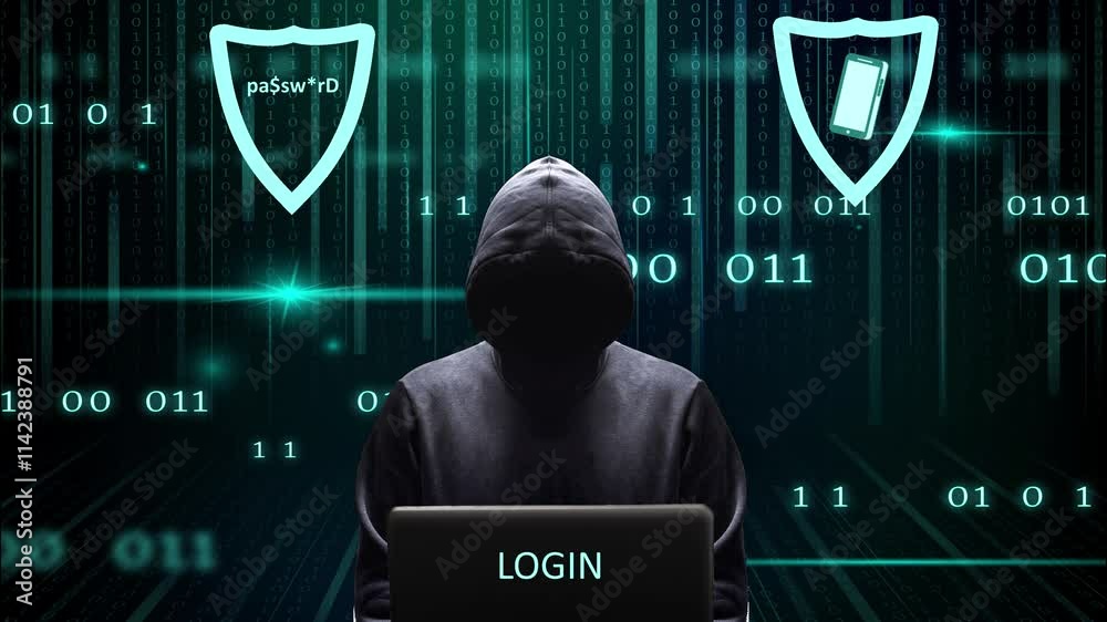 Illustration animée du double facteurs d'authentification avec la silhouette d'un cybercriminel sur fond de données binaires cyan