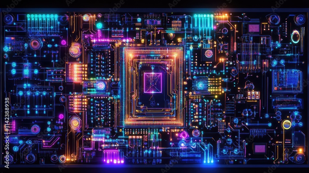 A futuristic quantum microchip architecture with intricate glowing circuits and quantum entanglement pathways displayed in neon colors A futuristic quantum microchip architecture with intricate glowing circuits and quantum entanglement pathways displayed in neon colors