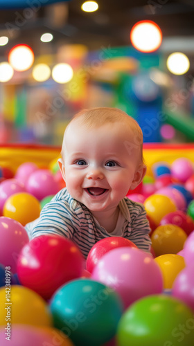 joyful baby playing in colorful ball pit, surrounded by vibrant balls
