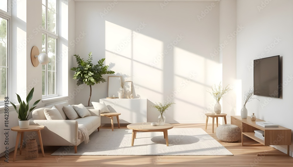 modern minimalist living room interior design, beige and white sofa with wooden furniture, large windows with daylight, potted plant decor, contemporary home style modern minimalist living room interior design, beige and white sofa with wooden furniture, large windows with daylight, potted plant decor, contemporary home style