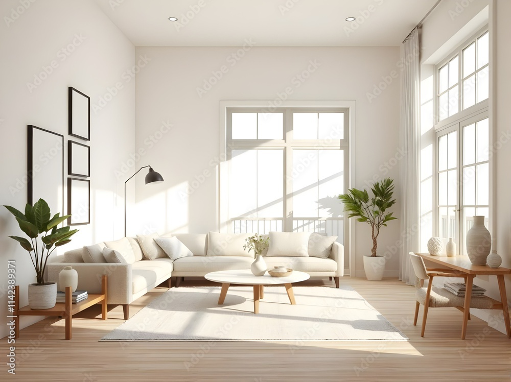 Fototapeta premium modern minimalist living room interior design, beige and white sofa with wooden furniture, large windows with daylight, potted plant decor, contemporary home style
