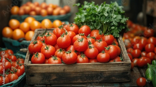 Fresh tomatoes in wooden crate at market. photo