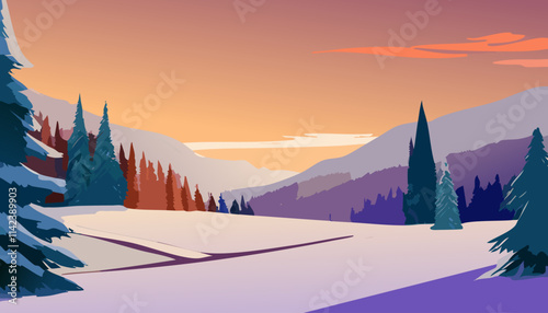 Beautiful landscape with coniferous forest at sunset. Vector illustration.