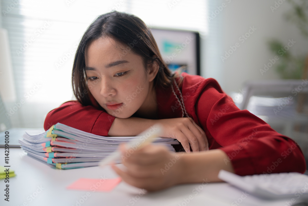 Young asian office worker taking notes on sticky notes while surrounded by a mountain of paperwork, feeling overwhelmed by the heavy workload and mounting stress of deadlines Young asian office worker taking notes on sticky notes while surrounded by a mountain of paperwork, feeling overwhelmed by the heavy workload and mounting stress of deadlines