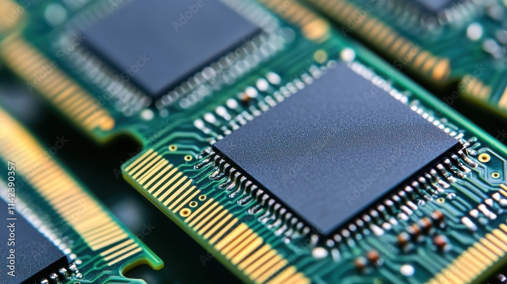 Close-up View of Computer Microchips on a Circuit Board with Intricate Patterns and Connectors, Technology and Innovation in Electronics Industry Close-up View of Computer Microchips on a Circuit Board with Intricate Patterns and Connectors, Technology and Innovation in Electronics Industry