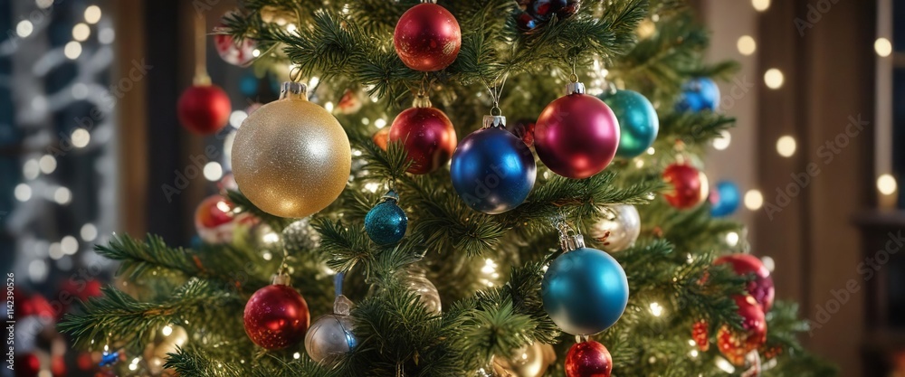 Close-up of a beautifully decorated Christmas tree with sparkling lights, colorful ornaments, and glass baubles, Glass Baubles, Sparkly Ornaments Close-up of a beautifully decorated Christmas tree with sparkling lights, colorful ornaments, and glass baubles, Glass Baubles, Sparkly Ornaments
