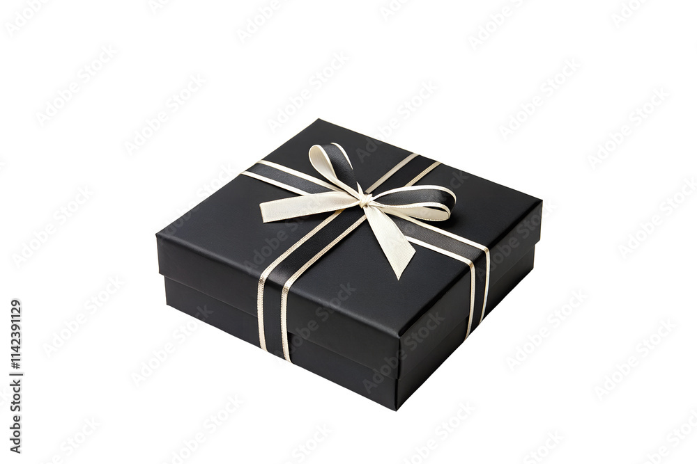 Black Gift Box with Cream-Colored Ribbon Isolated on White Background
