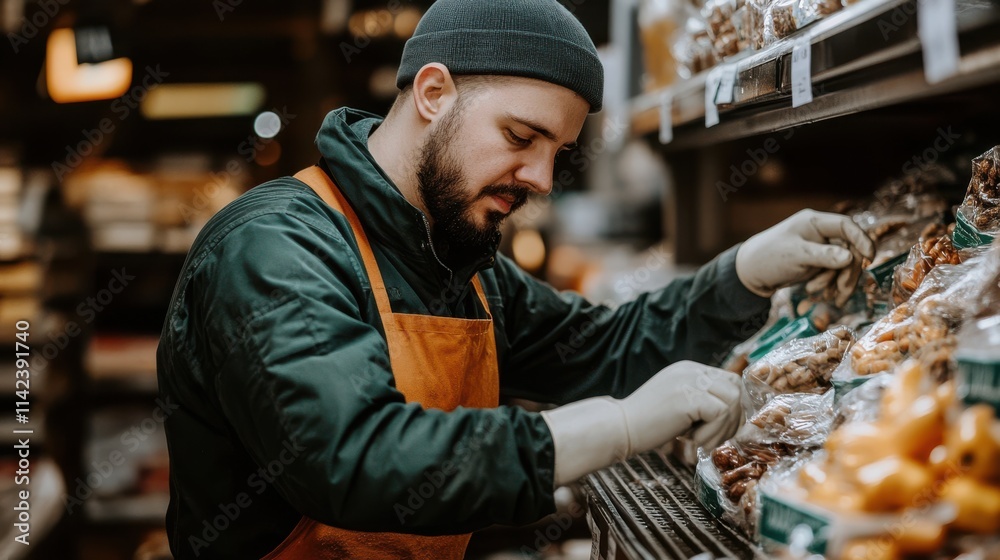 Focused Worker in a Grocery Store, Organizing Fresh Produce and Snacks While Wearing Gloves and an Apron, Demonstrating Attention to Detail and Commitment to Cleanliness Focused Worker in a Grocery Store, Organizing Fresh Produce and Snacks While Wearing Gloves and an Apron, Demonstrating Attention to Detail and Commitment to Cleanliness