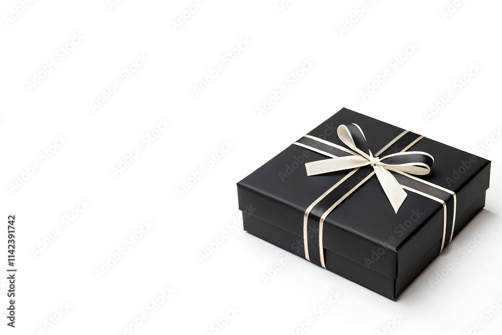 Black Gift Box with Cream-Colored Ribbon Placed Right Side Isolated on White Background and copy space Black Gift Box with Cream-Colored Ribbon Placed Right Side Isolated on White Background and copy space
