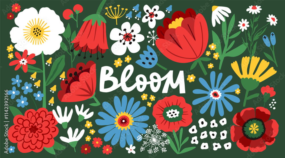 Fototapeta premium Beautiful flower collection with hand-drawn floral elements. Blossom botanical vector set for decor, easter, sticker, clipart, print
