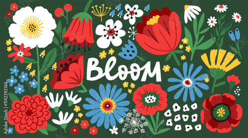 Beautiful flower collection with hand-drawn floral elements. Blossom botanical vector set for decor, easter, sticker, clipart, print