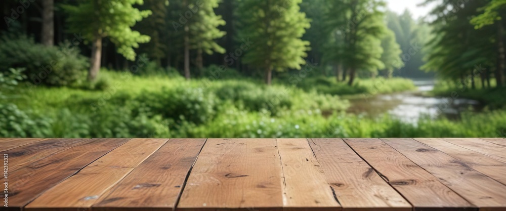 Close-up of wooden table top with green forest background, blur, background, wood Close-up of wooden table top with green forest background, blur, background, wood