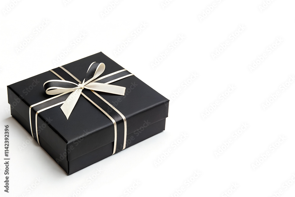 Black Gift Box with Cream-Colored Ribbon Placed Left Side Isolated on White Background and copy space Black Gift Box with Cream-Colored Ribbon Placed Left Side Isolated on White Background and copy space
