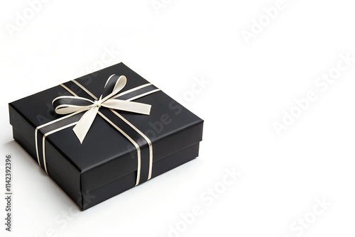 Black Gift Box with Cream-Colored Ribbon Placed Left Side Isolated on White Background and copy space