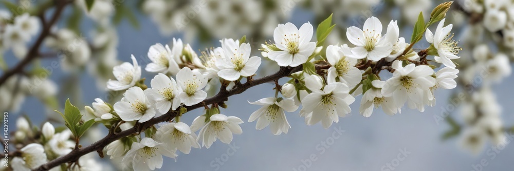 Cluster of prunus spinosa white blossoms on a tree branch with shallow depth of field, closeup, growth, rural, outdoor, spring season Cluster of prunus spinosa white blossoms on a tree branch with shallow depth of field, closeup, growth, rural, outdoor, spring season