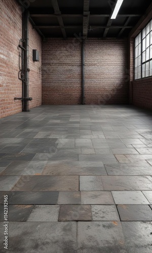 cold industrial room with a tile floor and brick wall background, utilitarian design, metallic decor