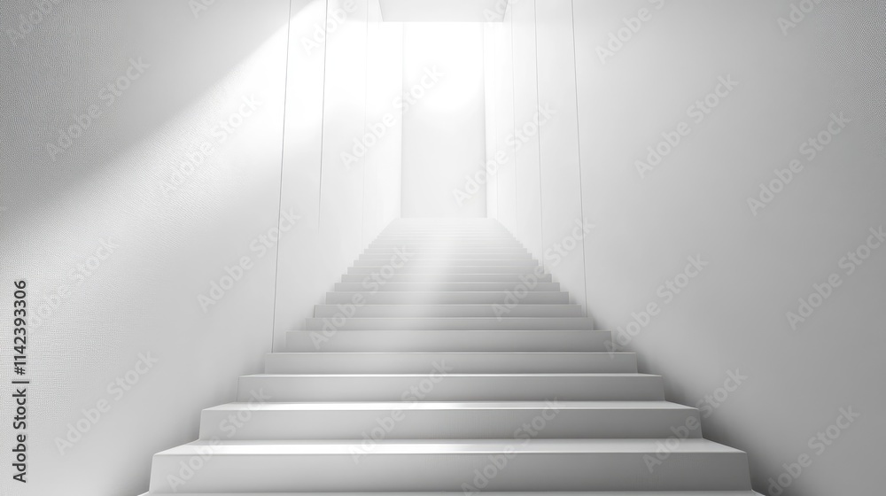 A 3D metallic staircase of cubes ascending toward a bright light, symbolizing personal and career growth, with room for center copy space A 3D metallic staircase of cubes ascending toward a bright light, symbolizing personal and career growth, with room for center copy space
