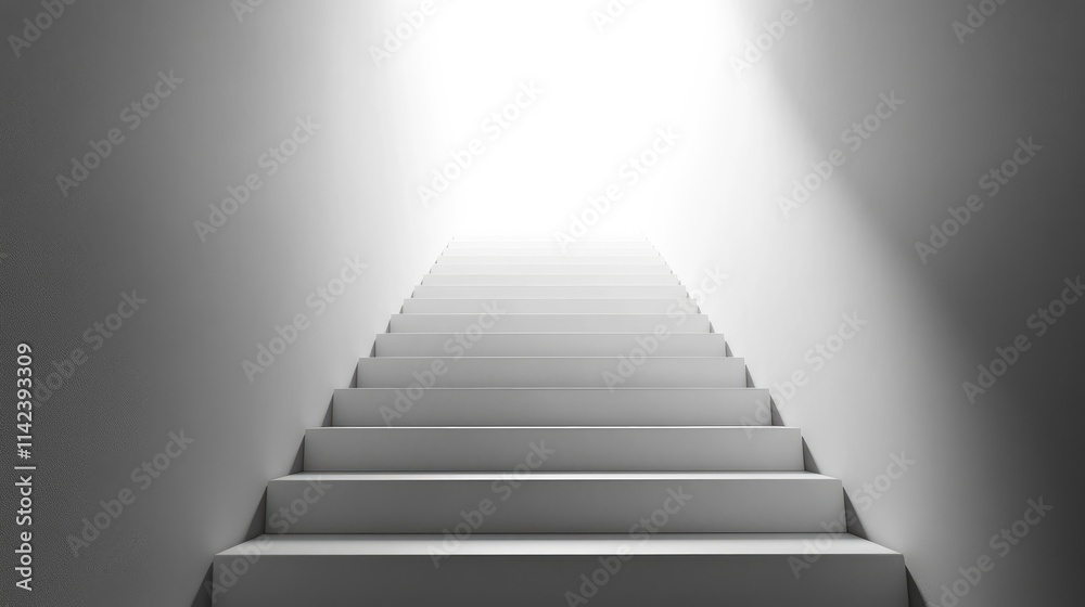 A 3D metallic staircase of cubes ascending toward a bright light, symbolizing personal and career growth, with room for center copy space A 3D metallic staircase of cubes ascending toward a bright light, symbolizing personal and career growth, with room for center copy space