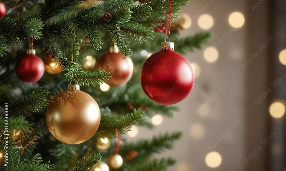 Decorative ornaments hanging on a Christmas tree branch with blurred background, ornaments, Christmas, winter, branches Decorative ornaments hanging on a Christmas tree branch with blurred background, ornaments, Christmas, winter, branches