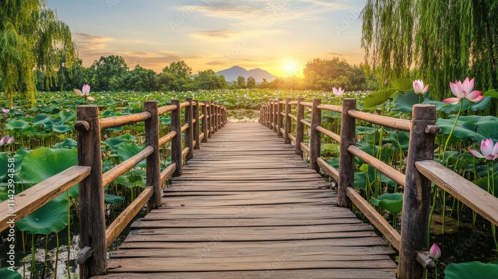 A beautiful wooden bridge spanning a lotus swamp in daylight, creating a peaceful and scenic view, perfect for copy text A beautiful wooden bridge spanning a lotus swamp in daylight, creating a peaceful and scenic view, perfect for copy text